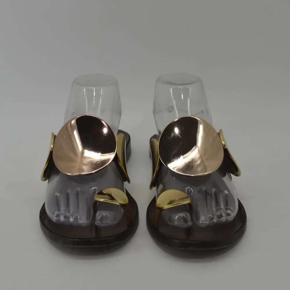 Tory Burch Brown Gold Sandals Circle Plates Size 8 - Picture 4 of 13